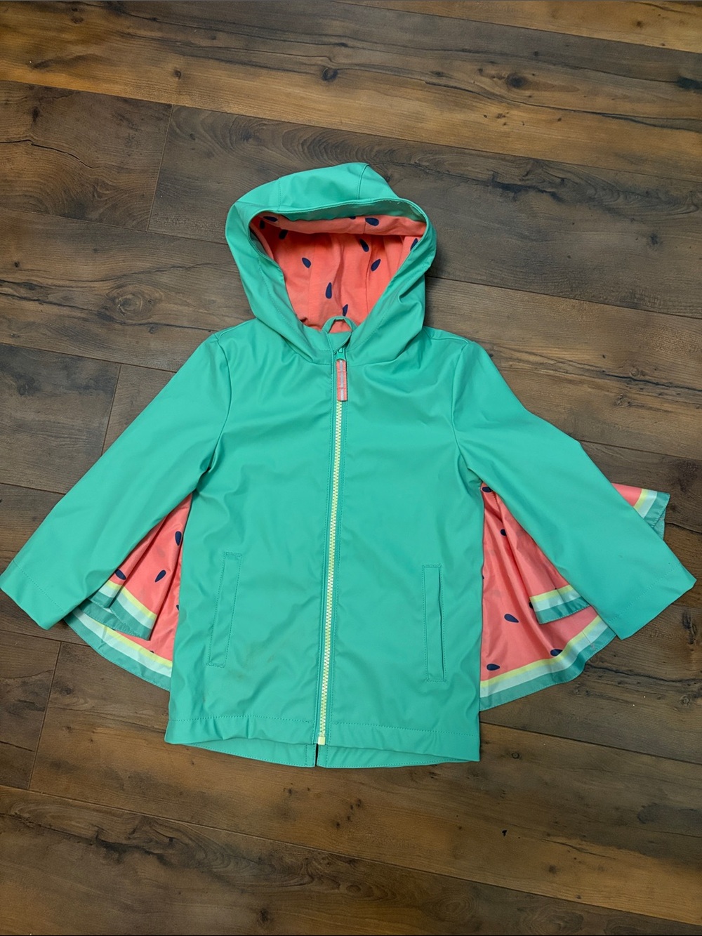 Cat & Jack Teal Hooded Raincoat with Pink Watermelon Lining